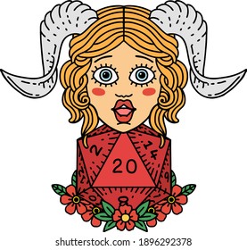 Retro Tattoo Style tiefling with D20 natural twenty dice roll