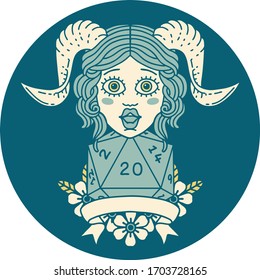 Retro Tattoo Style tiefling with natural twenty dice roll