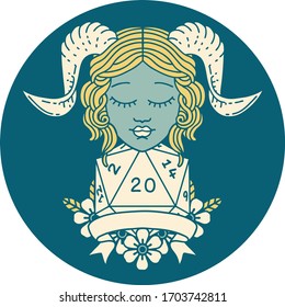 Retro Tattoo Style tiefling with natural 20 D20 roll