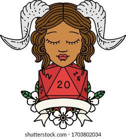 Retro Tattoo Style tiefling with natural twenty dice roll