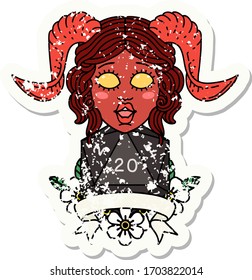 Retro Tattoo Style tiefling with natural twenty dice roll