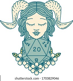 Retro Tattoo Style tiefling with natural 20 D20 dice roll