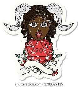 Retro Tattoo Style tiefling with natural twenty dice roll