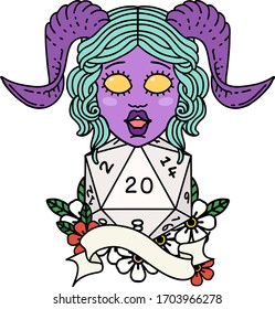 Retro Tattoo Style tiefling with natural twenty dice roll