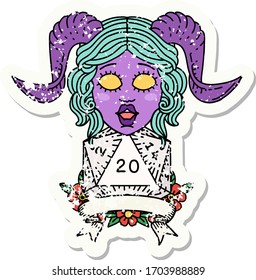 Retro Tattoo Style tiefling with natural 20 D20 roll