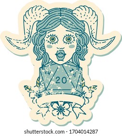 Retro Tattoo Style tiefling with natural twenty dice roll