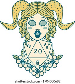 Retro Tattoo Style tiefling with natural twenty dice roll