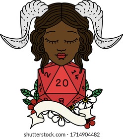Retro Tattoo Style tiefling with natural twenty dice roll
