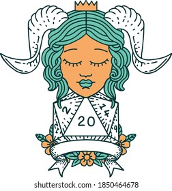 Retro Tattoo Style tiefling with natural 20 D20 roll