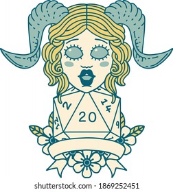 Retro Tattoo Style tiefling with natural twenty dice roll