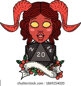 Retro Tattoo Style tiefling with natural twenty dice roll