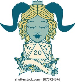 Retro Tattoo Style tiefling with natural twenty dice roll