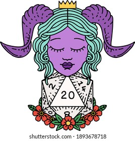Retro Tattoo Style tiefling with natural twenty d20 dice roll