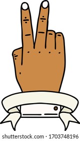 Retro Tattoo Style victory v hand gesture with banner