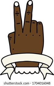 Retro Tattoo Style victory v hand gesture with banner