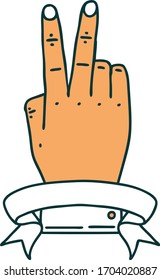 Retro Tattoo Style victory v hand gesture with banner