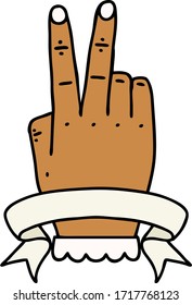 Retro Tattoo Style victory v hand gesture with banner