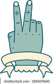 Retro Tattoo Style victory v hand gesture with banner