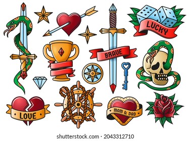 Retro tattooing rose, knife, heart, skull old school symbols. Vintage tattoo engraving elements isolated vector illustration set. Old school art tattoos. Emblem rose and cup, goblet and dice