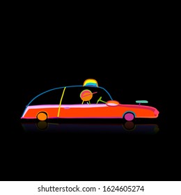 Retro taxi car, automobile. Urban transport. Vector modern flat line design illustration.