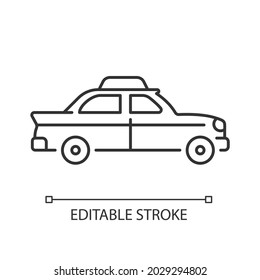 Retro taxi car linear icon. Taxicab vehicle. Chauffeur-driven transportation. Checker taxi. Thin line customizable illustration. Contour symbol. Vector isolated outline drawing. Editable stroke