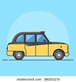 Retro taxi car, London cab, automobile. Urban transport. Vector modern flat line design illustration.