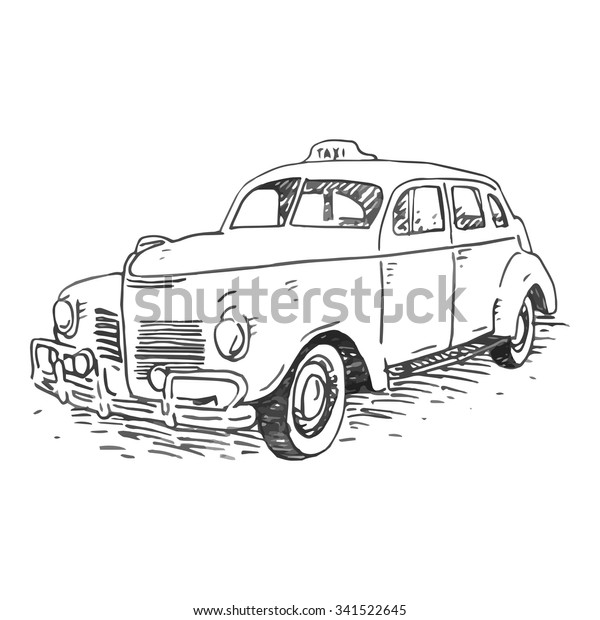 Retro taxi. Vintage transport. Old times. Vector\
hand drawn sketch.
