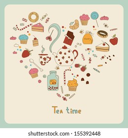 Retro Tea Party card with space for your text. Vintage card with a variety of components for the Tea Party. Eps 10