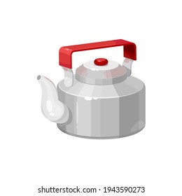 Retro Tea Pot With Red Handle Isolated Kettle With Hot Drink. Vector Teapot With Cap, Tea-kettle Of Stainless Steel. Kitchen Utensils, Household Appliance To Boil Water, Tea Or Coffee Making Device