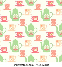 Retro tea time seamless vector pattern with teapots, tea mugs and  coffee cups