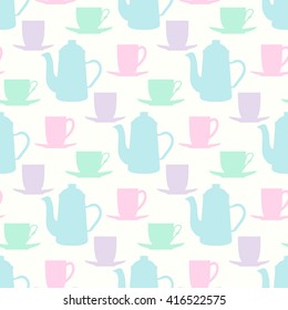 Retro tea time seamless vector pattern with teapots, tea mugs and coffee cups