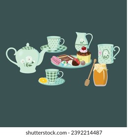 Retro tea time set flat vector isolated on dark background. Icons for teatime concept: Teapot, tea cup, pastry, honey jar, milk jug.