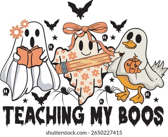 Retro Teaching My Boos Back To School Teacher Halloween T-Shirt Design