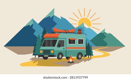 Retro teal camper van parked on a dirt road in front of tall blue mountains with a bright sun and a cozy campfire burning nearby.