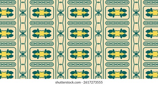 Retro Teal and Mustard Seafood Pattern on Warm Cream