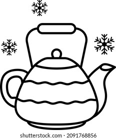 Retro Team Maker Kettle Vector Line Icon Design, Winter Season activities Symbol, Coldest Weather Sign, Snow and frost Stock Illustration, Clay Teapot Concept, 