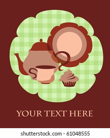 retro teapot, cup, plate  and dessert, with place for your text