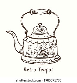 Retro teapot with floral decor. Ink black and white drawing outline illustration