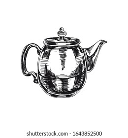 Retro teapot hand drawn black and white vector illustration. Glass pot sketch. Kettle with lid, kitchenware design element. Vintage tea brewing container isolated on white background