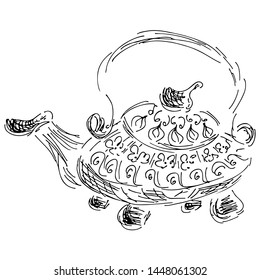 Retro teapot hand drawn, great design for any purposes. Teapot hand drawn in chinese style on white background. Retro typography. Kettle icon. Isolated vector design.