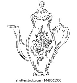 Retro teapot hand drawn, great design for any purposes. Teapot hand drawn in chinese style on white background. Retro typography. Kettle icon. Isolated vector design.