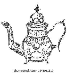 Retro teapot hand drawn, great design for any purposes. Teapot hand drawn in chinese style on white background. Retro typography. Kettle icon. Isolated vector design.