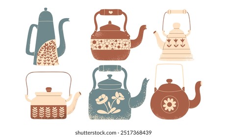Conjunto de vetor de bule retrô. Elementos de cozinha vintage. 