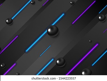 Retro tech background with laser neon lines and black glossy beads. Geometric futuristic abstract vector design