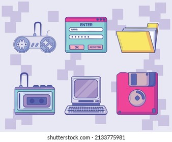 retro tech devices icons set