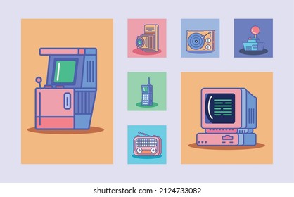 retro tech equipment icon set