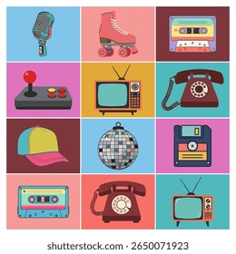 Retro Tech and Pop Culture Vector Collection: Vintage Gadgets and Items from 70s, 80s, 90s, Nostalgic Colorful Icons, Classic Electronics, Fun Throwback Design