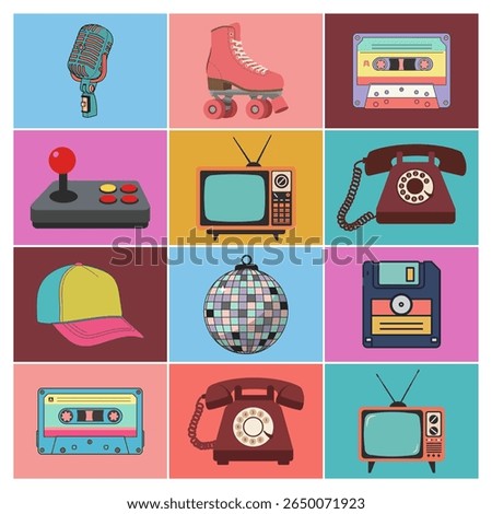 Retro Tech and Pop Culture Vector Collection: Vintage Gadgets and Items from 70s, 80s, 90s, Nostalgic Colorful Icons, Classic Electronics, Fun Throwback Design