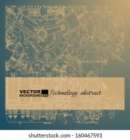 Retro technical background, drawing the internal combustion engine