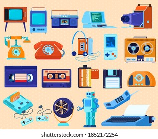 Retro technique appliances set of vector illustrations. Icons of old computer, radio, telephone, tape recorder or voice recorder, TV and robot. Vintage old technology objects, media devices.